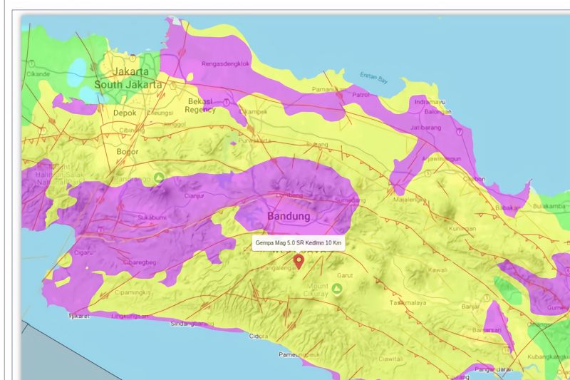 Peta pusat gempa dengan kekuatan magnitudo 5.0 di Kabupaten Bandung, Jawa Barat, pada Rabu (18/9/2024). (ANTARA/HO-Badan Geologi)