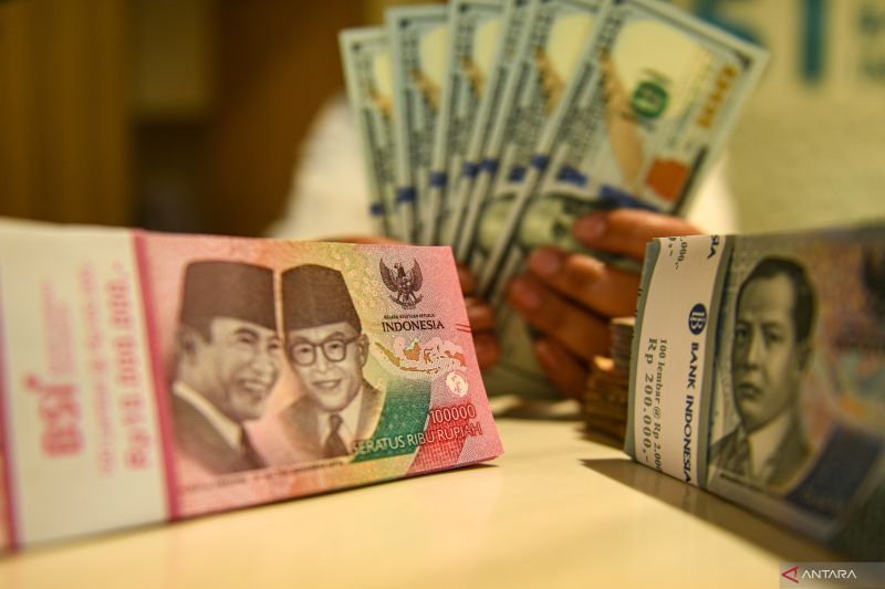 Petugas menunjukan uang pecahan dolar AS dan rupiah di Bank BSI, Jakarta, Selasa (3/9/2024). ANTARA FOTO/Muhammad Adimaja/Spt