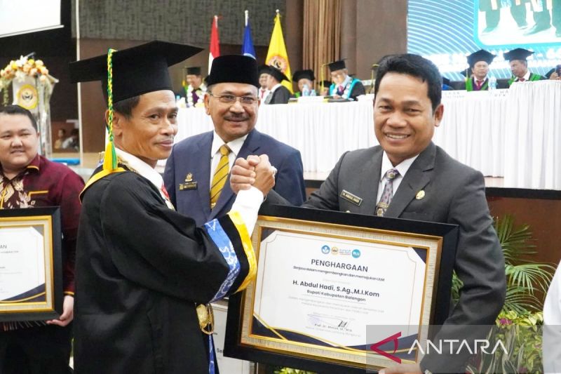 Rektor ULM Prof Ahmad Alim Bachri memberikan penghargaan kepada Bupati Balangan Abdul Hadi atas komitmennya membuka PSDKU saat acara Dies Natalis Ke-66 di Auditorium ULM Banjarbaru, Sabtu (21/9/2024). (ANTARA/Firman)