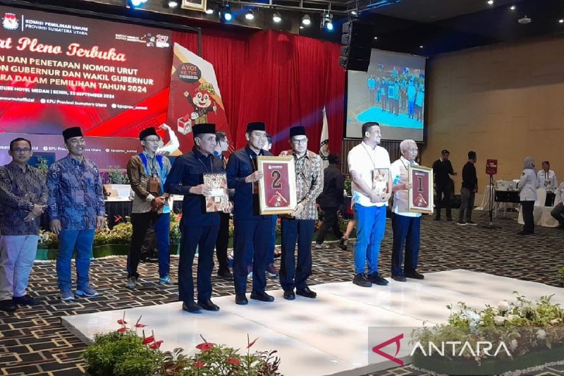 Komisi Pemilihan Umum Provinsi Sumatera Utara menetapkan pasangan Bobby Nasution--Surya nomor urut 1 dan pasangan Edy Rahmayadi--Hasan Basri nomor urut 2 sebagai calon gubernur dan wakil gubernur wilayah setempat pada Pilkada 2024. ANTARA/Anggi Luthfi Panggabean