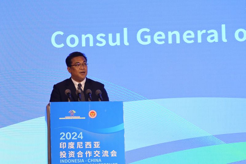 Konsul Jenderal Republik Indonesia di Shanghai Berlianto Situngkir dalam acara Indonesia-China Investment Conference 2024 di Nanton, provinsi Jiangsu, Selasa (24/9/2024) (ANTARA/Desca Lidya Natalia)