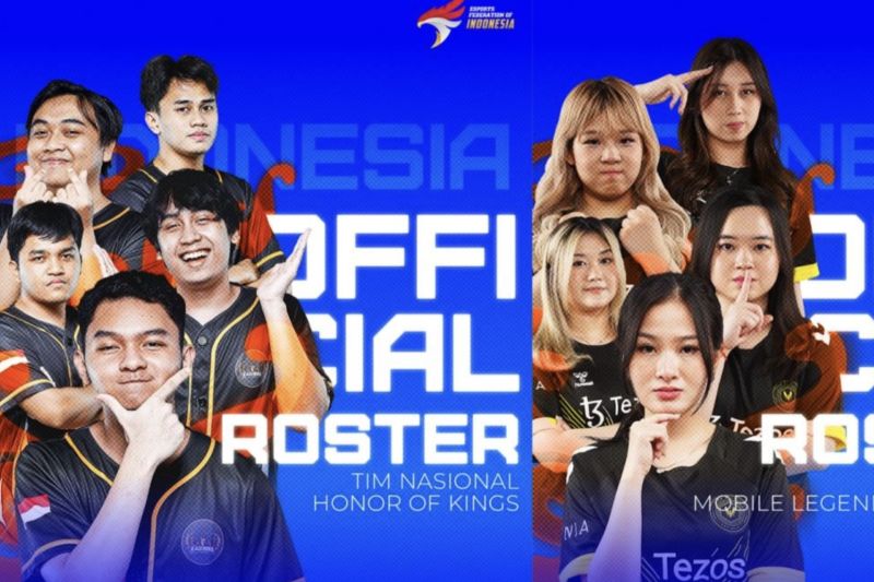 Poster Tim Nasional Esports Indonesia nomor Honor of Kings (kiri) dan nomor Mobile Legends: Bang-Bang Women (kanan). (ANTARA/HO/PB ESI)
