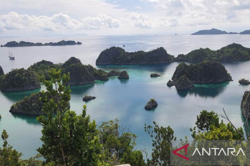 Pemandangan dari puncak Bukit Piaynemo atau Top View of Piaynemo, di . Dari puncak bukit itu terpampang gugusan karst di tengah laut biru yang jernih. Spot wisata ini terletak di Desa Pam, Distrik (Kecamatan) Waigeo Barat Kepulauan, Kabupaten Raja Ampat, Provinsi Papua Barat Daya. (ANTARA/Anwar Maga)