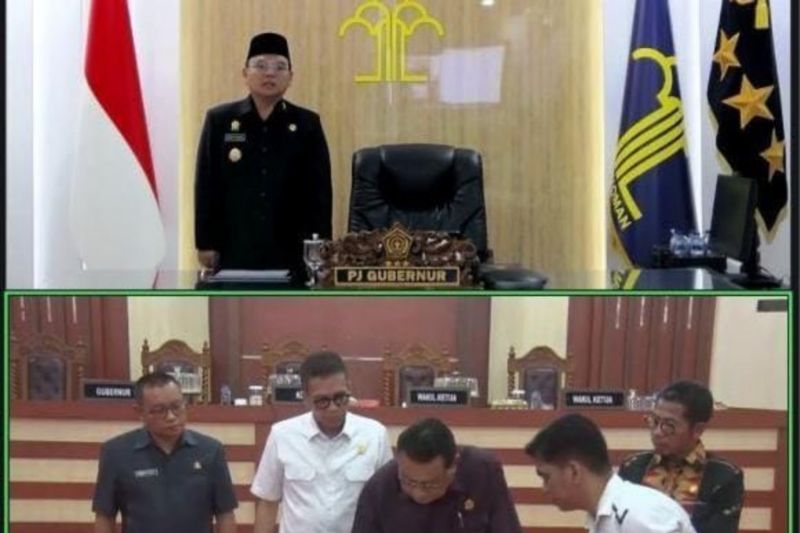 Pj.Gubernur Sultra Andap Budhi Revianto (atas) secara virtual bersama Ketua dan wakil Ketua DPRD Sultra Abdurrahman Shaleh (bawah) sepakati Raperda APBD -P 2024 serta KUA-PPAS 2025 dalam rapat bersama di Kendari, Kamis. (Antara/HO-Humas DPRD Sultra)