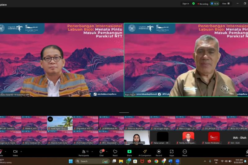 Suasana webinar bertajuk 'Penerbangan Internasional Labuan Bajo, Menata Pintu Masuk Pembangunan pariwisata dan ekonomi kreatif (Parekraf) NTT' yang digelar BPOLBF dalam rangka menyambut Hari Pariwisata Dunia tahun 2024. (ANTARA/HO-Divisi Komunikasi Publik BPOLBF)