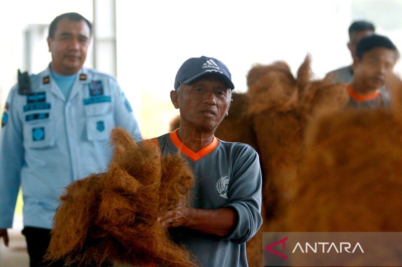 Warga binaan mengangkat sabut kelapa di Lapas Pohuwato, Kabupaten Pohuwato, Gorontalo. ANTARA/Adiwinata Solihin