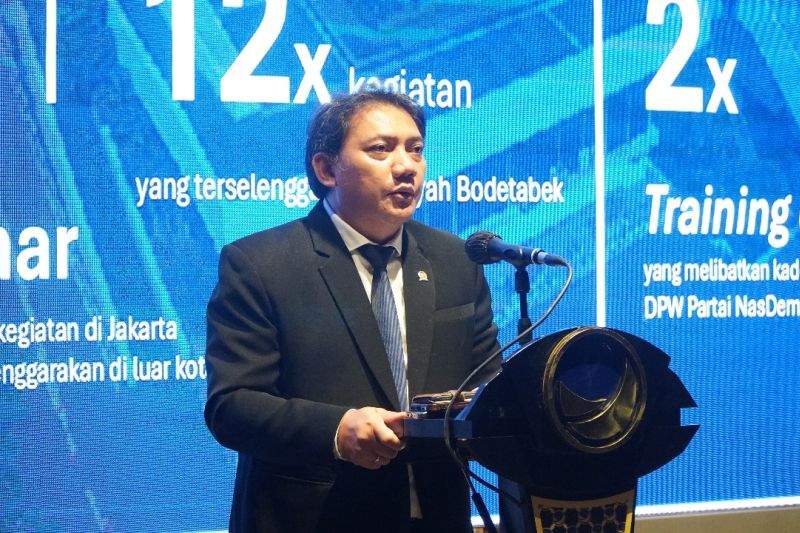Ketua Fraksi NasDem MPR Taufik Basari saat acara kuliah umum dan Laporan Kinerja Fraksi NasDem MPR RI bertajuk "Masa Depan Cita Kedaulatan Rakyat & Negara Hukum dalam Konstitusi Indonesia" di Auditorium DPP NasDem, Jakarta, Senin (30/9/2024). ANTARA/HO-Fraksi NasDem