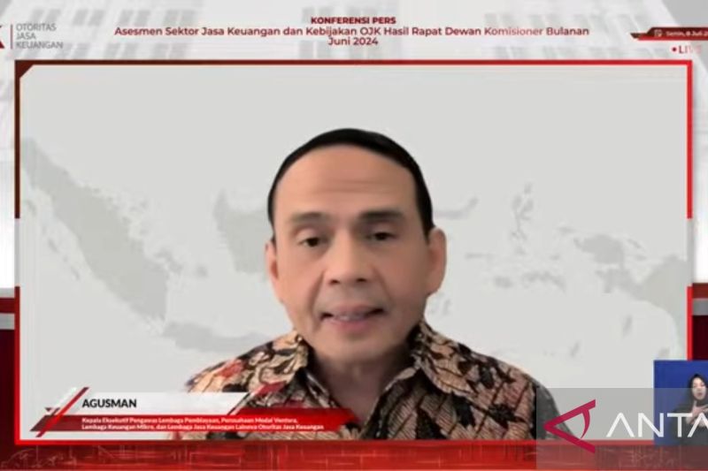 Kepala Eksekutif Pengawas Lembaga Pembiayaan, Perusahaan Modal Ventura, Lembaga Keuangan Mikro, dan Lembaga Jasa Keuangan Lainnya OJK Agusman saat konferensi pers Hasil RDK Bulanan Juni 2024 di Jakarta, Senin (8/7/2024). (ANTARA/Rizka Khaerunnisa)