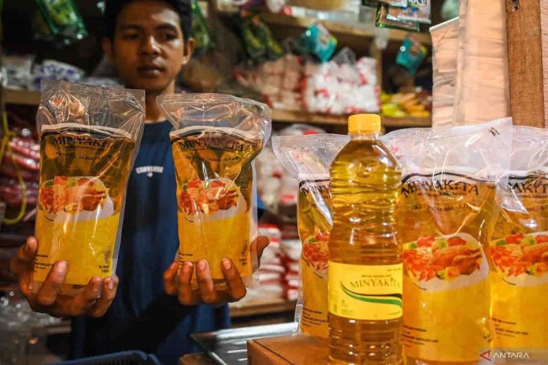 Pedagang menunjukkan minyak goreng Minyakita di Pasar Anyar, Kota Tangerang, Banten, Senin (15/7/2024). . ANTARA FOTO/Sulthony Hasanuddin/Spt.