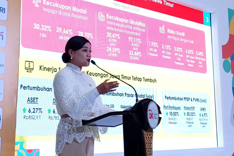 Kepala Eksekutif Pengawas Pelaku Jasa Keuangan, Edukasi dan Pelindungan Konsumen Otoritas Jasa Keuangan (OJK) Friderica Widyasari Dewi memberi sambutan saat penutupan kegiatan Jatim Inclusion Festival (JiFest) 2024 di salah satu mal di Surabaya, Minggu (13/10/2024). ANTARA/Naufal Ammar Imaduddin