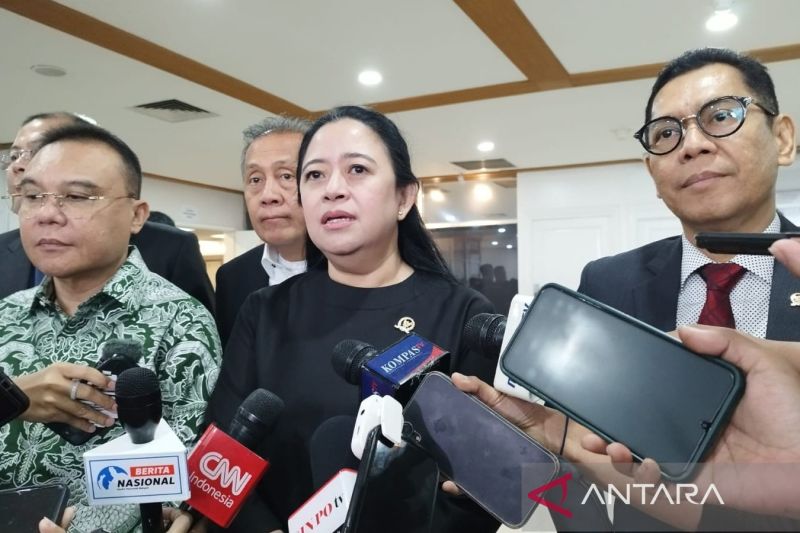 Ketua DPR RI Puan Maharani menyampaikan keterangan pers bersama pimpinan DPR RI lainnya di Kompleks Parlemen, Jakarta, Senin (14/10/2024). (ANTARA/Bagus Ahmad Rizaldi)