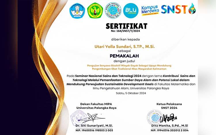 Sertifikat bagi Tim Dosen yang telah meneliti kandungan minyak urut khas Dayak sebagai upaya mendukung pengembangan obat tradisional. (FOTO: Istimewa)