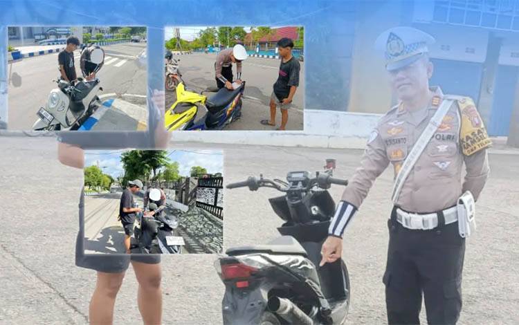 Anggota Satlantas Polres Barito Utara ketika menindak pengguna kendaraan yang menggunakan knalpot yang tidak sesuai spesifikasi teknis. (Foto: Dhani)