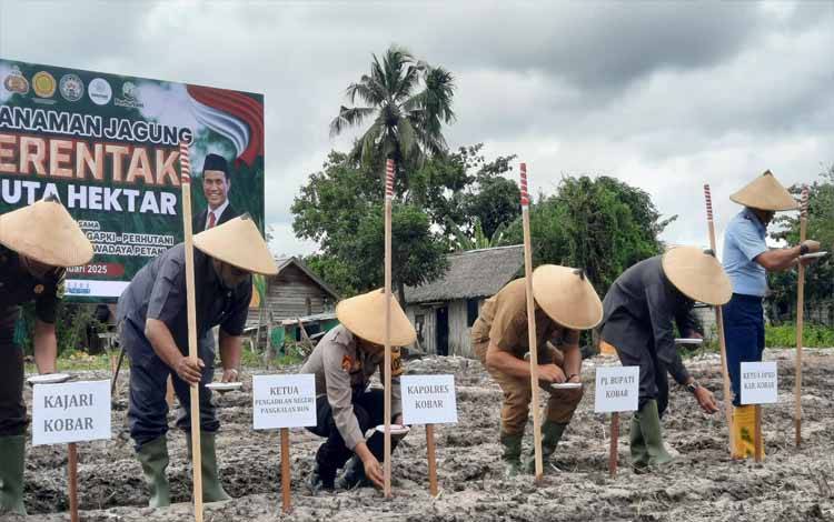 Kapolres Kobar AKBP Yusfandi Usman dan Pj Bupati Kobar Budi Santosa, bersama unsur Forkopimda Kobar melakukan penanaman bibit jagung