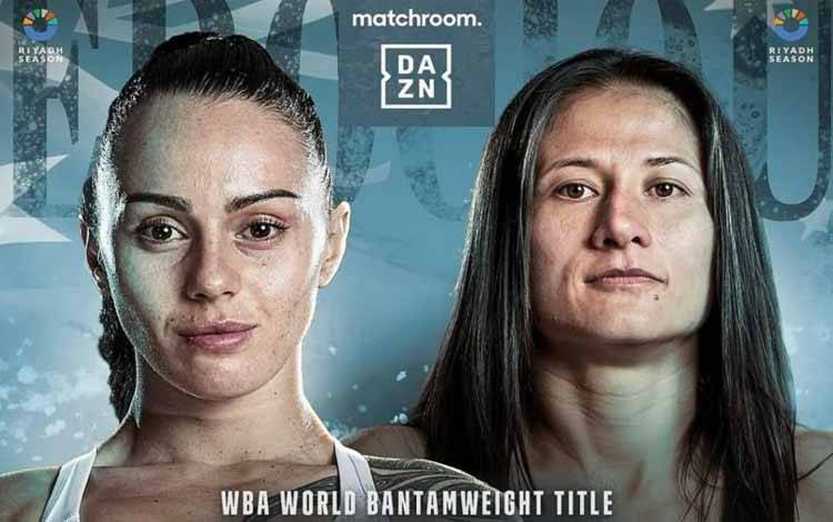 Poster pertarungan tinju juara dunia kelas bantam putri WBA Cherneka Jhonson (kiri) melawan Nina Hughes (kanan) untuk perbutan gelar juara di Qudos Bank Arena, di Sydney, Australia, pada Sabtu, 22 Maret 2025. (Laman resmi WBA)
