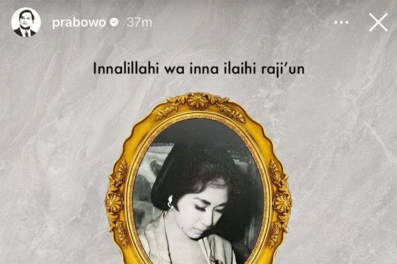 Presiden Prabowo Subianto menyampaikan ucapan bela sungkawa atas wafatnya seniman legendaris Indonesia, Titiek Puspa melalui unggahan cerita dalam akun instagramnya @prabowo, Kamis (10/4/2025). ANTARA/Instagram/prabowo
