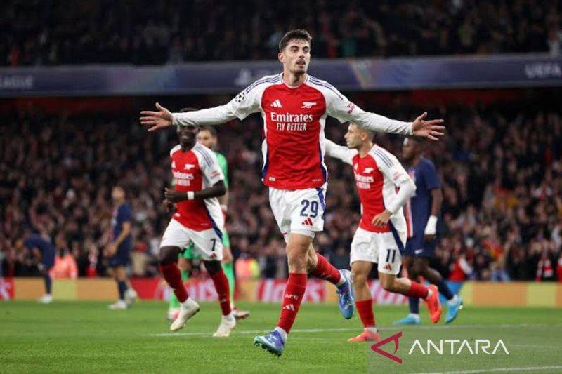 Selebrasi Kai Havertz (tengah) usai mencetak gol untuk Arsenal dalam pertandingan Liga Champions lawan AC Milan di Emirates Stadium, Rabu (2/10/2024). ANTARA/HO-Arsenal/am.