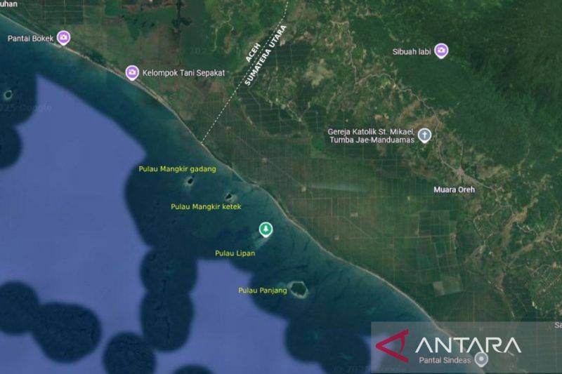 Tangkapan layar foto satelit googlemap (12/6/2025) menggambarkan posisi Pulau Mangkir Gadang, Pulau Mangkir Ketek, Pulau Lipan, dan Pulau Panjang di perbatasan Aceh dan Sumatera Utara. ANTARA/HO-Diskominfo Sumut