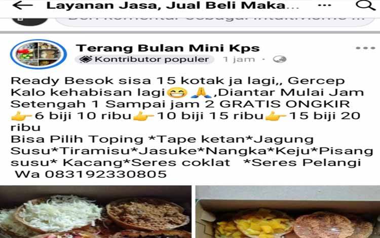 Postingan pedagang makanan online di Kuala Kapuas via jejaring Facebook yang berikan jasa pengantaran gratis. (IST)