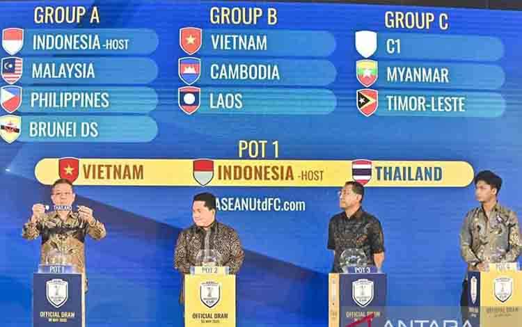 Presiden Federasi Sepak Bola ASEAN (AFF) Major General Khiev Sameth (kiri), Ketua Umum PSSI Erick Thohir (kedua kiri), Senior EVP Bank Mandiri M. Wisnu Trihanggodo (kedua kanan) dan pesepak bola Kadek Arel Priyatna (kanan) melakukan pengundian (drawing) ASEAN U-23 Championship Mandiri Cup 2025 di Badung, Bali, Jumat (30/5/2025). . ANTARA FOTO/Fikri Yusuf/bar (ANTARA FOTO/FIKRI YUSUF)