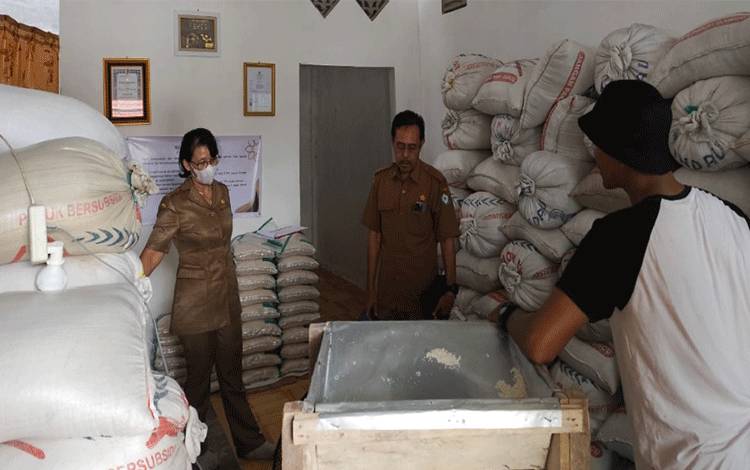 Sub Koordinator Administrasi OKKPD Dinas Pertanian dan Ketahanan Pangan Kotim, Damenta bersama lainnya saat meninjau gudang beras milik UKM, belum lama ini. (FOTO : DOK Devi)