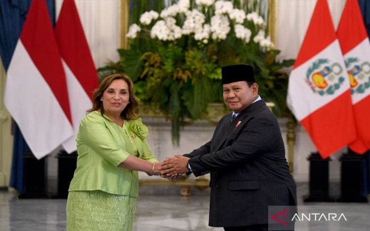 Presiden Prabowo Subianto (kanan) berjabat tangan dengan Presiden Republik Peru Dina Ercilia Boluarte Zegarra saat kunjungan kenegaraan di Istana Merdeka, Jakarta, Senin (11/8/2025). Kunjungan kenegaraan Presiden Republik Peru di Istana Kepresidenan Jakarta tersebut merupakan kunjungan balasan setelah Presiden Prabowo Subianto melawat ke Peru dalam rangka KTT APEC. ANTARA FOTO/Galih Pradipta/sgd/rwa. (ANTARA FOTO/GALIH PRADIPTA)