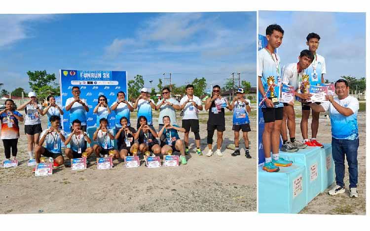 Panitia Fun Run 3K bersama pemenang (kiri), Kepala Disdikpora Gunung Mas sekaligus Ketua PASI Gumas Aprianto saat serahkan hadiah kepada pemenang (kanan), Sabtu, 30 Agustus 2025. (FOTO: RISKA YULYANA)