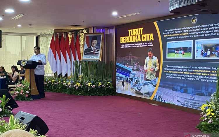 Menteri Imigrasi dan Pemasyarakatan (Imipas) Agus Andrianto menyampaikan sambutan saat acara refleksi akhir tahun 2025 di Kantor Kementerian Imipas, Jakarta, Senin (29/12/2025). (ANTARA/Fath Putra Mulya)
