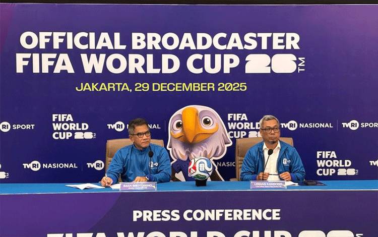 Konferensi pers TVRI sebagai pemegang hak siar Piala Dunia 2026 di Gedung TVRI, Senayan, Jakarta, Senin (29/12/2025). (ANTARA/FAJAR SATRIYO)