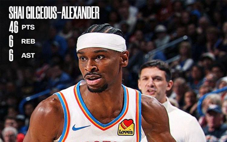 Oklahoma City Thunder mengalahkan Utah Jazz 129-125 melalui babak overtime pada laga NBA di Oklahoma City, Rabu malam waktu setempat, berkat catatan 46 poin dari Shai Gilgeous-Alexander. (X/NBA)
