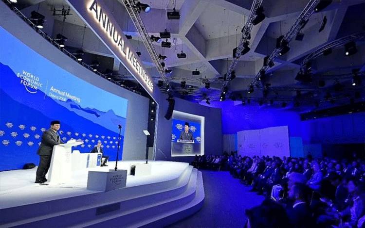 Presiden RI Prabowo Subianto memberikan sambutan pada World Economic Forum (WEF) 2026 di Davos, Swiss, Kamis (22/1/2026). ANTARA/Instagram/@sekretariat.kabinet