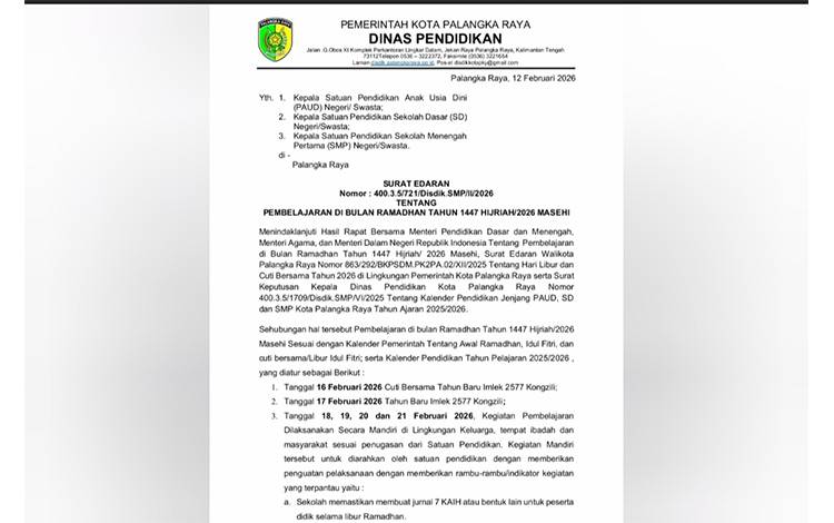 Surat Edaran Dinas Pendidikan Palangka Raya tentang Pembelajaran di Bulan Ramadan Tahun 1447 Hijriah/2026 Masehi. (Foto : PATHUR)