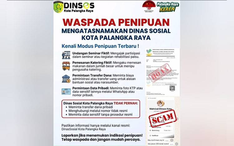 Peringatan waspada penipuan mengatasnamakan Dinsos Palangka Raya (Foto : Dinsos Palangka)