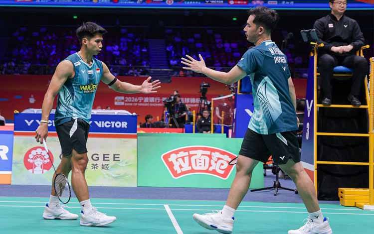 Pebulu tangkis ganda putra Indonesia Sabar Karyaman Gutama/Moh Reza Pahlevi Isfahani saat tampil di 16 besar Badminton Asia Championships 2026 di Ningbo Gymnasium Arena, Ningbo, Kamis (09/04/2026). (ANTARA/HO-PBSI)