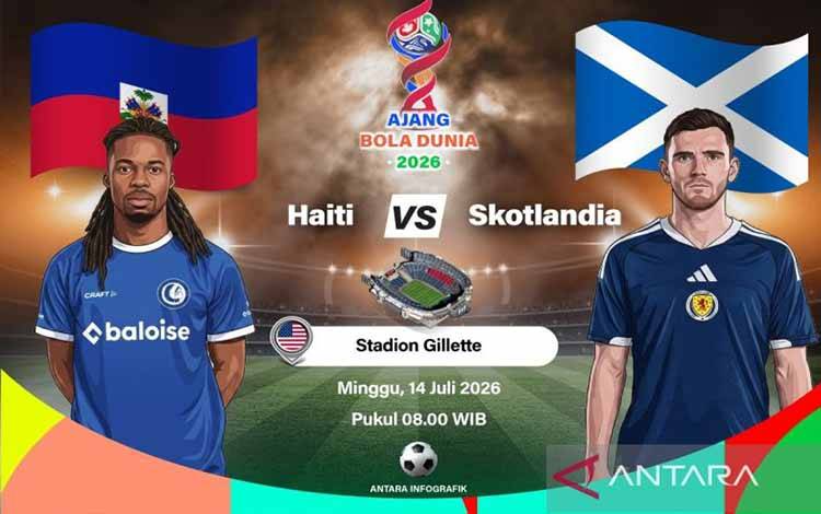 Grafik ilustrasi pertandingan penyisihan Grup C Piala Dunia 2026 antara Haiti melawan Skotlandia yang dijadwalkan berlangsung di Stadion Gillette, Boston, Amerika Serikat, Sabtu (13/6/2026) waktu setempat. ANTARA INFOGRAFIK/Vintan Rahmadanti