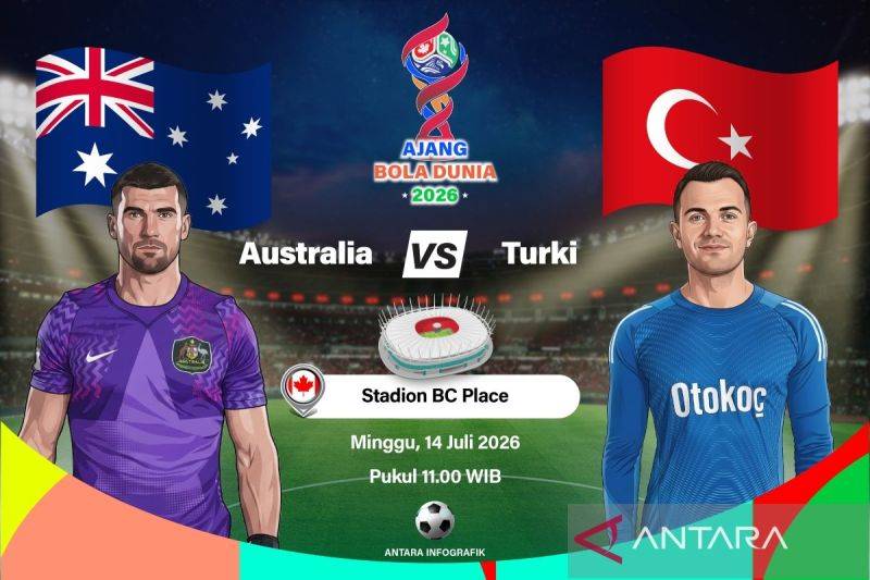 Grafik ilustrasi pertandingan penyisihan Grup D Piala Dunia 2026 antara Australia melawan Turki yang dijadwalkan berlangsung di Stadion BC Place, Vancouver, British Columbia, Kanada, Sabtu (13/6/2026) waktu setempat. ANTARA INFOGRAFIK/Vintan Rahmadanti