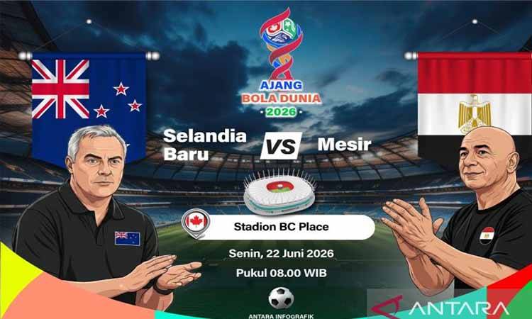 Grafik ilustrasi pertandingan penyisihan Grup G Piala Dunia 2026 antara Selandia Baru melawan Mesir yang dijadwalkan berlangsung di Stadion SoFi, Inglewood, California, Amerika Serikat, Minggu (21/6/2026) waktu setempat. ANTARA INFOGRAFIK/Vintan Rahmadanti