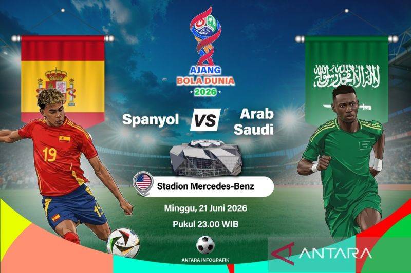 Grafik ilustrasi pertandingan penyisihan Grup H Piala Dunia 2026 antara Spanyol melawan Arab Saudi yang dijadwalkan berlangsung di Stadion Mercedes-Benz, Atlanta, Georgia, Amerika Serikat, Minggu (21/6/2026) waktu setempat. ANTARA INFOGRAFIK/Vintan Rahmadanti