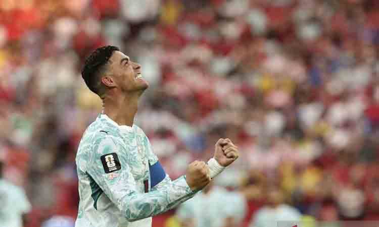 Pesepakbola Portugal Cristiano Ronaldo berselebrasi usai mencetak gol ke gawang Kroasia pada pertandingan babak 32 besar Piala Dunia FIFA 2026 di Stadion Toronto di Toronto, Kanada, Kamis (2/7/2026). Potugas lolos ke babak 16 besar setelah menang atas Kroasia dengan skor 2-1. ANTARA FOTO/Xinhua/Zou Zheng/YU