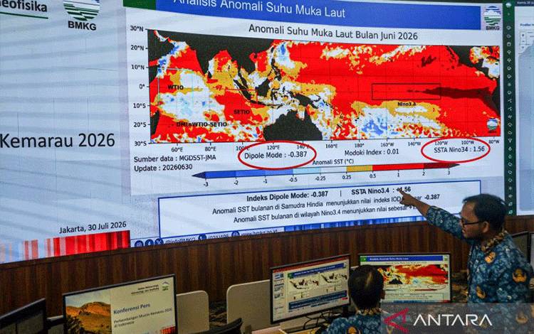 Petugas memantau perkembangan analisis anomali suhu muka laut melalui layar monitor di Kantor Pusat Badan Meteorologi, Klimatologi, dan Geofisika (BMKG), Jakarta, Kamis (30/7/2026). BMKG memprediksi fenomena El Nino akan bertahan hingga awal kuartal I 2027 sehingga berpotensi memicu musim kemarau yang lebih kering di sebagian besar wilayah Indonesia. ANTARA FOTO/Darryl Ramadhan