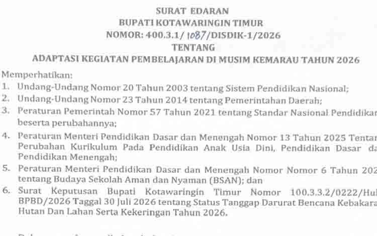 Disdik Kotim Minta Sekolah Mengurangi Kegiatan di Luar Ruangan
