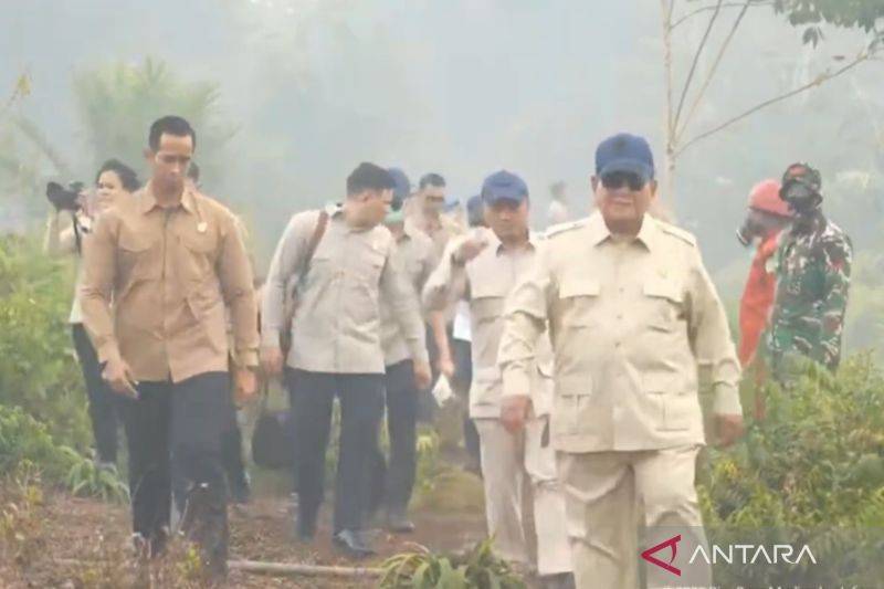 Tangkapan layar - Presiden Prabowo Subianto meninjau lokasi kebakaran hutan dan lahan (karhutla) di Desa Limbung, Kecamatan Sungai Raya, Kabupaten Kubu Raya, Kalimantan Barat, Sabtu (22/8/2026). (ANTARA/YouTube Sekretariat Presiden/Maria Cicilia Galuh)