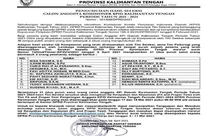 DPRD Kalteng Keluarkan Pengumuman Hasil Seleksi Calon Anggota Komisioner KPID Kalteng