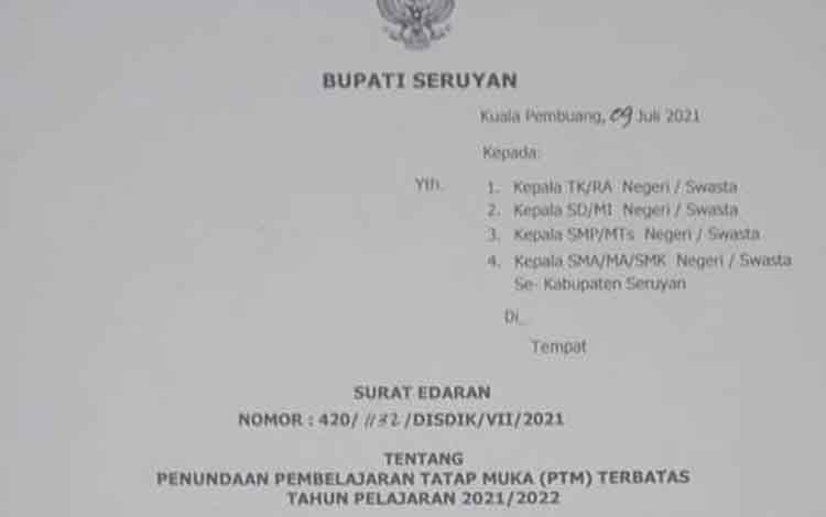 Pembelajaran Tatap Muka Terbatas di Seruyan Ditunda