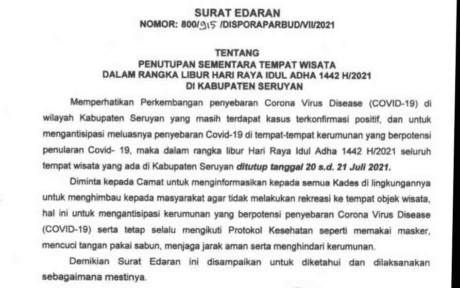 Bupati Seruyan Keluarkan Edaran Penutupan Tempat Wisata Selama Idul Adha