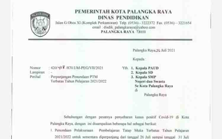 Penundaan Belajar Tatap Muka di Palangka Raya Diperpanjang