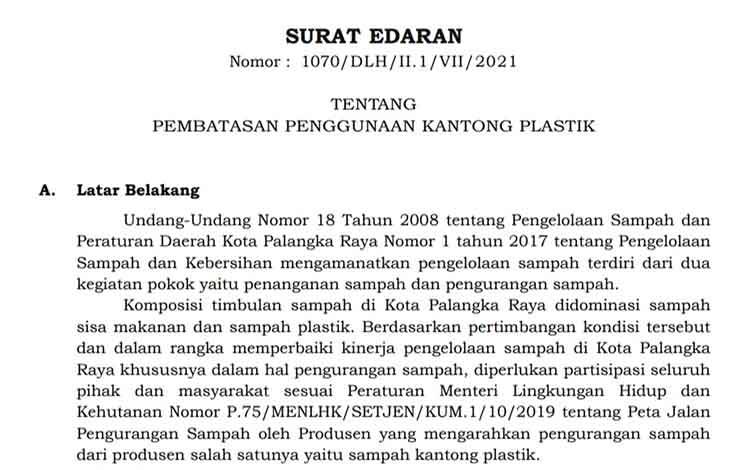 Wali Kota Palangka Raya Terbitkan Edaran Pembatasan Penggunaan Kantong Plastik
