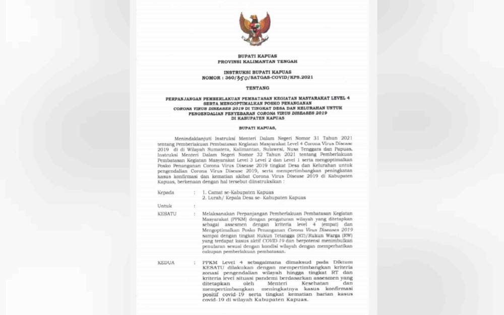 PPKM Level 4 di Kabupaten Kapuas Diperpanjang hingga 31 Agustus 2021