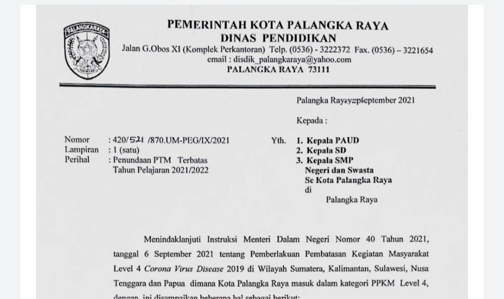 Belajar Tatap Muka di Palangka Raya Ditunda Hingga PPKM Selesai