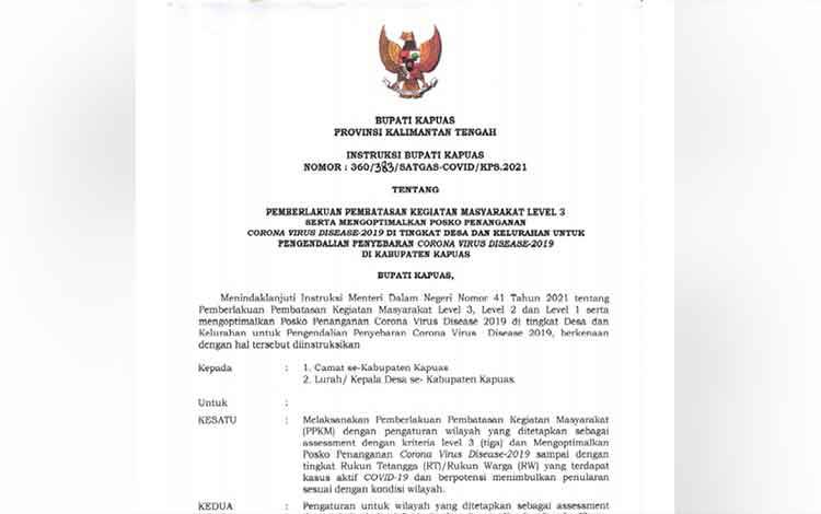 PPKM Level 3 di Kapuas Diperpanjang Sampai 20 September 2021